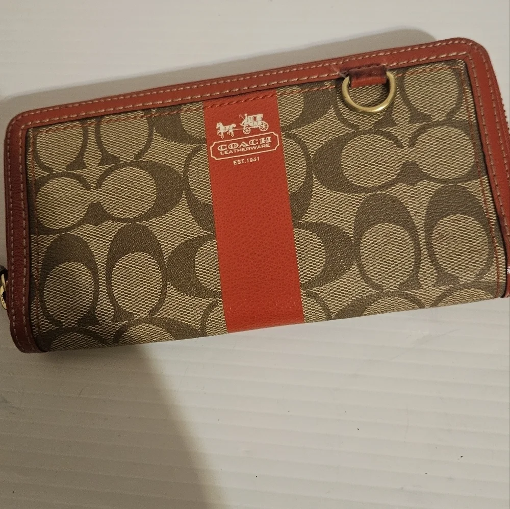 Coach Heritage Signature Stripe Zip Around Accordion Leather